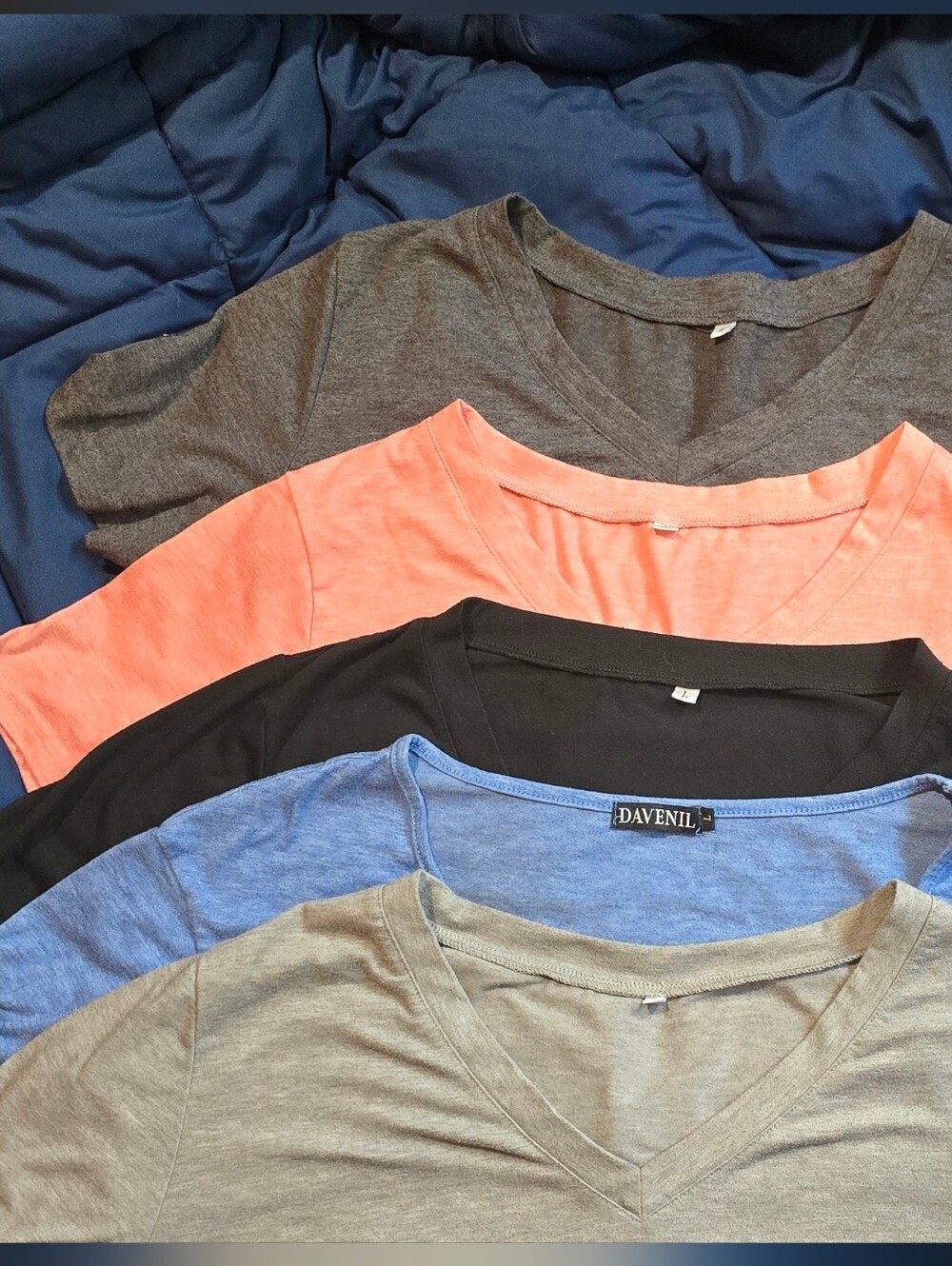 V-Neck Tee Bundle — Coral, Black, Blue, 2 Gray